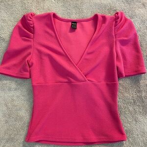 SHEIN Hot Pink Surplice Neck Puff Sleeve Tee Top